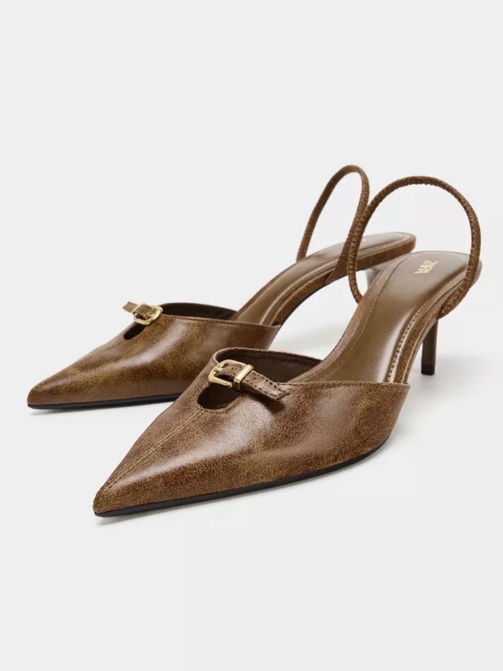 Zara Brown Pointed Slingback Heels with Gold Buckle